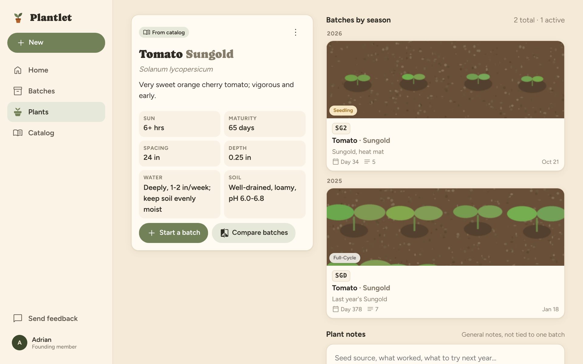A plant's page on a laptop: care info on the left, its batches grouped by season on the right.