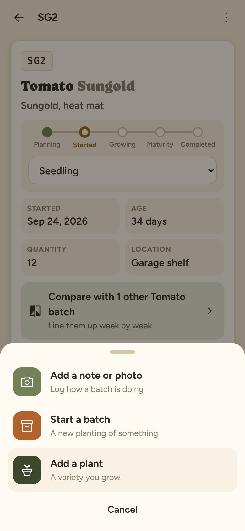The + menu: add a note or photo, start a batch, add a plant.