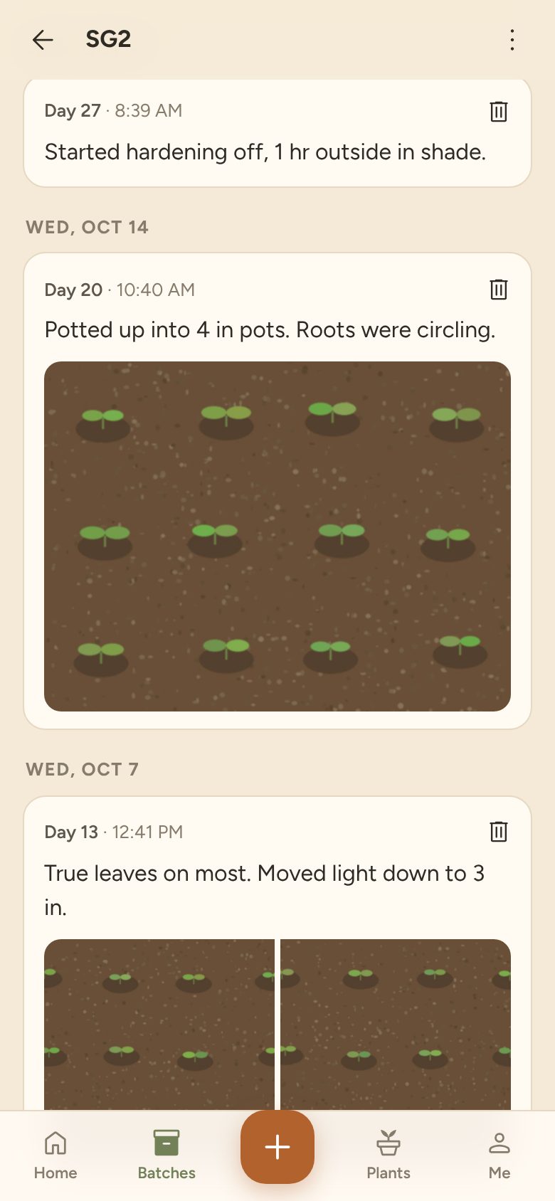 A batch's timeline on a phone: day 20, potted up into 4 inch pots, with a photo.