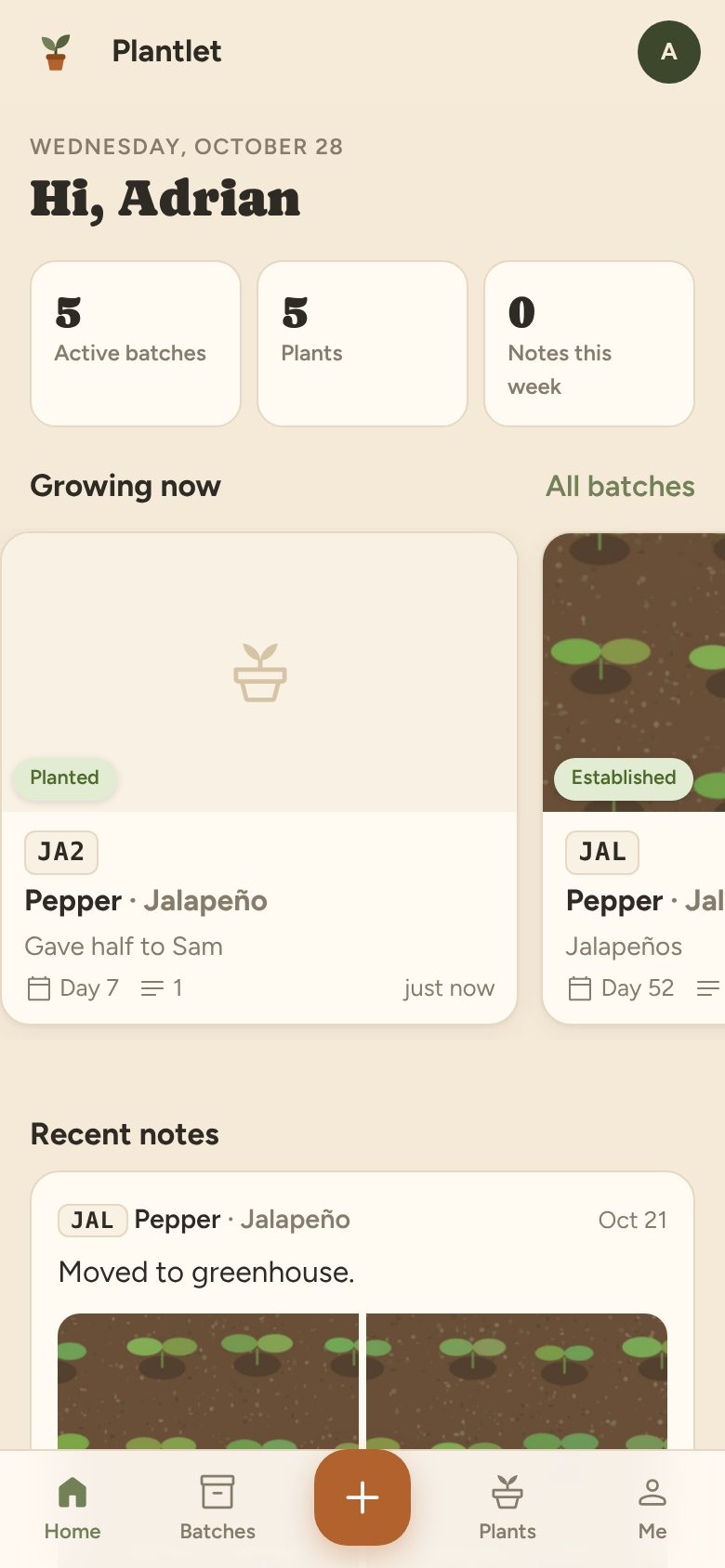 Home on a phone: active batches with photos and recent notes.